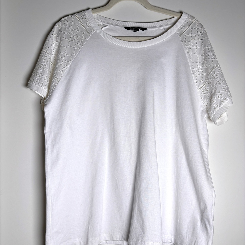 Ralph Lauren Vintage White Eyelet Sleeve Top Preppy Cottagecore Minimalist Tee